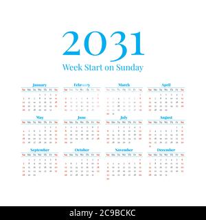 2031 Calendar with the weeks start on Sunday Stock Vector