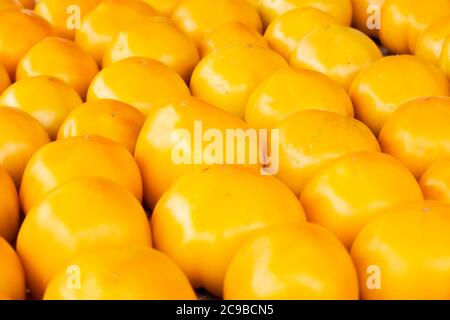 Solid background of fresh ripe and natural yellow tomatoes Stock Photo