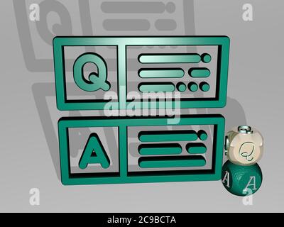 3D graphical image of QA vertically along with text built around the icon by metallic cubic letters from the top perspective. excellent for the concept presentation and slideshows Stock Photo