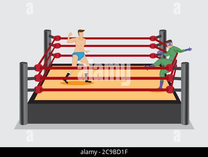 Wrestler dressed in costume fall back on the rope of wrestling ring after getting a punch from opponent. Vector illustration on wrestling sport entert Stock Vector