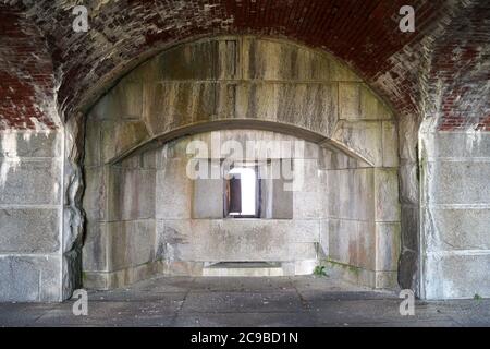 Fort Popham, a Civil War-era coastal defense fortification at the mouth of the Kennebec River, artillery embrasure of the upper level, Phippsburg, ME Stock Photo