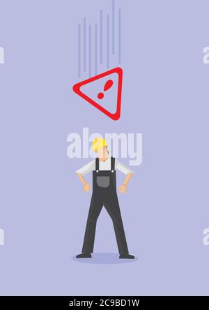 Male worker wearing yellow helmet and overall unaware of a falling Alert warning sign above his head. Conceptual vector illustration in cartoon style Stock Vector