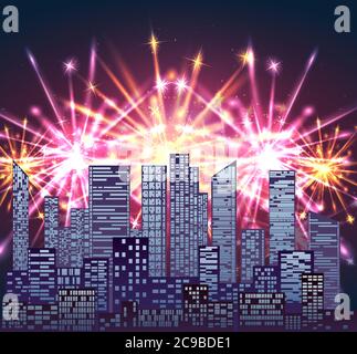 Illustration with city and bright fireworks. Vector element for your creativity Stock Vector