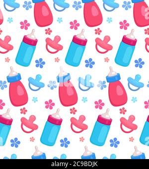 Seamless pattern with flat  baby bottles and pacifiers for your creativity Stock Vector