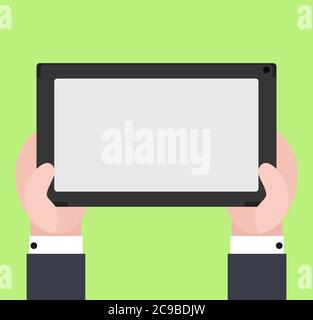 Vector flat illustration of human hands hold electronic tablet in case. Stock Vector