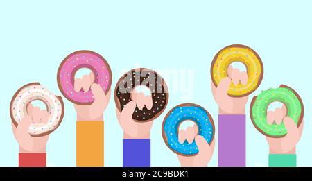 Vector flat illustration of human hands hold donuts Stock Vector