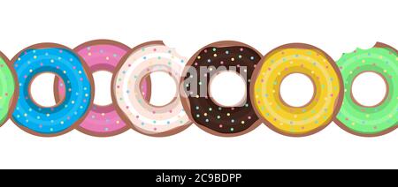 Seamless border with flat donuts in a row. Vector element for your creativity Stock Vector