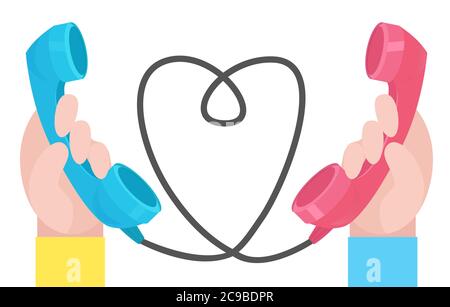 Vector illustration of two hands with old handsets and wire-hearted. Love at a distance. Vector illustration for your creativity Stock Vector