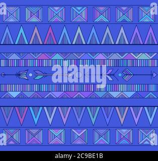 Geometric seamless Boho pattern with arrows in shades of blue. Vector background for your creativity Stock Vector
