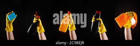 household cleaning products, sponge, floor cloth, rust remover, wiper, toilet cleaner on a black background. Stock Photo