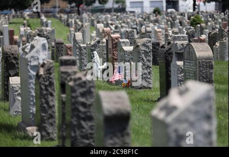 Washington, USA. 29th July, 2020. A U.S. national flag and flowers are seen at a cemetery in New York, the United States, July 29, 2020. Credit: Wang Ying/Xinhua/Alamy Live News Stock Photo