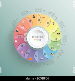 Circle chart infographic template with 12 options for presentations, advertising, layouts, annual reports Stock Vector
