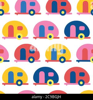 Camper van seamless vector pattern. Retro Caravans red, blue, yellow, pink seamless vector background. Scandinavian flat style. Stock Vector