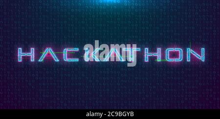 Hackathon HUD hologram cyberpunk style banner. Neon tech Hackathon glitch inscription on dark background. Design element for event advertising, shares Stock Vector