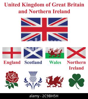 United Kingdom collection of flags and national emblems of England Scotland Wales Northern Ireland isolated on white background Stock Vector