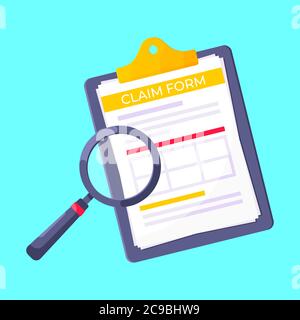 Clipboard with claim form on it, paper sheets, magnifying glass isolated on white background. Stock Vector