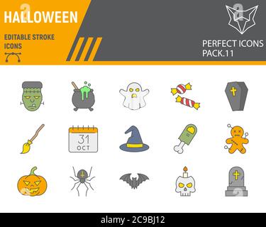 Halloween color line icon set, holiday symbols collection, vector sketches, logo illustrations, halloween icons, horror signs filled outline Stock Vector