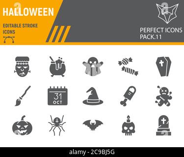 Halloween glyph icon set, holiday symbols collection, vector sketches, logo illustrations, halloween icons, horror signs solid pictograms, editable Stock Vector