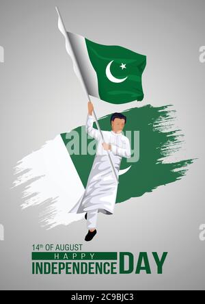 14th of august happy independence day pakistan. vector illustration of man running with flag. gray background Stock Vector