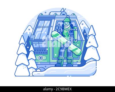 Snowboarder Girl near Cable Way in Line Art Stock Vector