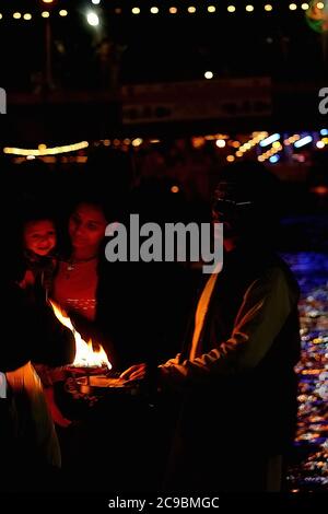 Ganga Aarti is a religious prayer that takes place at the bank of the sacred river Ganga at the Har Ki Pauri ghat in Haridwar. Stock Photo