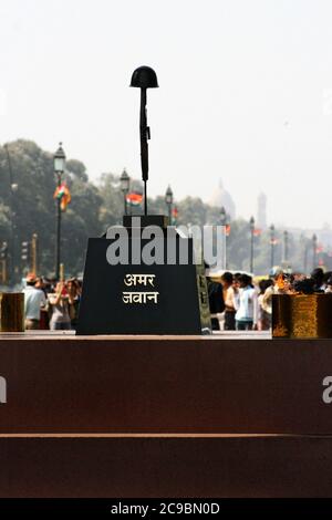 India Gate Delhi, Amar Jawan Jyoti.  The India Gate is a war memorial located on the east side of Rajpath road and an important city landmark. Stock Photo