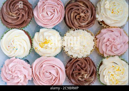 Home baked cupcakes beautifully decorated with buttercream on top neatly placed in carton transport container. Stock Photo