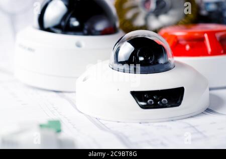Cctv camera security system. Video securityt on a table. Good for security service engineering company site or advertising Stock Photo