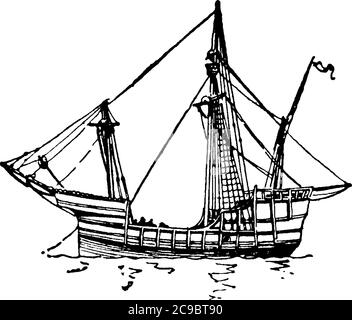 This is penta ship which is the fastest of the three ships which were used by Christopher Columbus in 1492, vintage line drawing or engraving illustra Stock Vector