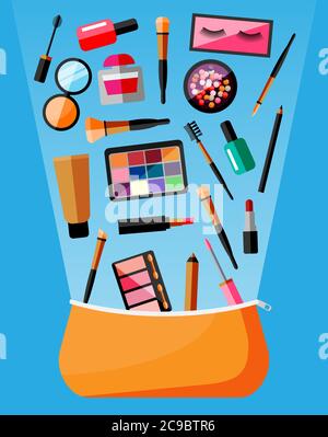 Makeup collection in bag. Set of decorative cosmetics. Make-up store. Various brushes, perfume, mascara, gloss, powder, lipstick and blush. Beauty and fashion. Cartoon flat vector illustration Stock Vector