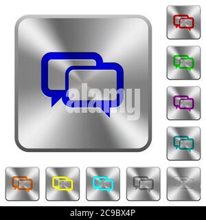 Chat bubbles engraved icons on rounded square glossy steel buttons Stock Vector