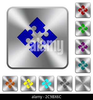 Modules engraved icons on rounded square glossy steel buttons Stock Vector