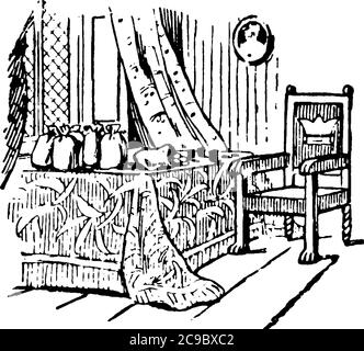 The picture depicts a table and chair placed close to the window. Few small sacks with some stuffs are placed on the table, vintage line drawing or en Stock Vector