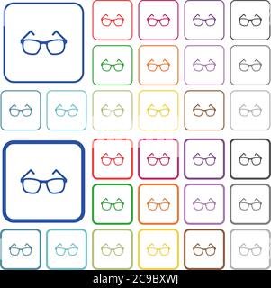 Eyeglasses color flat icons in rounded square frames. Thin and thick versions included. Stock Vector
