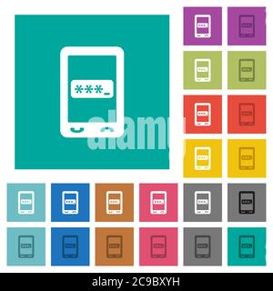 Mobile pin code multi colored flat icons on plain square backgrounds. Included white and darker icon variations for hover or active effects. Stock Vector