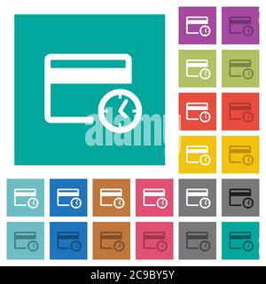Credit card transaction history multi colored flat icons on plain square backgrounds. Included white and darker icon variations for hover or active ef Stock Vector