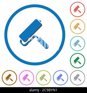 Paint roller flat color vector icons with shadows in round outlines on white background Stock Vector