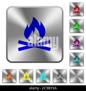 Camp fire engraved icons on rounded square glossy steel buttons Stock Vector