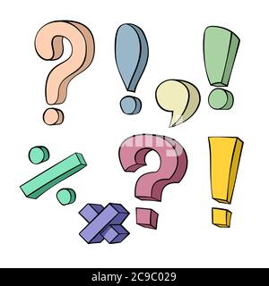 Set of hand drawn dot, comma, exclamation and question marks on a transparent background. Cartoon punctuation marks in grunge texture style. Vector il Stock Vector