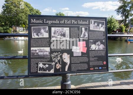 Music Legends information display board at Eel Pie Island on the River Thames at Twickenham in the London Borough of Richmond upon Thames, London, UK Stock Photo