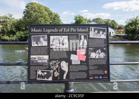Music Legends information display board at Eel Pie Island on the River Thames at Twickenham in the London Borough of Richmond upon Thames, London, UK Stock Photo
