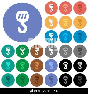 Construction hook multi colored flat icons on round backgrounds. Included white, light and dark icon variations for hover and active status effects, a Stock Vector