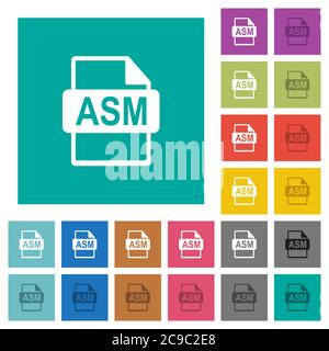ASM file format multi colored flat icons on plain square backgrounds. Included white and darker icon variations for hover or active effects. Stock Vector