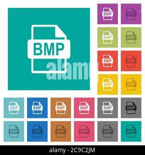 BMP file format multi colored flat icons on plain square backgrounds. Included white and darker icon variations for hover or active effects. Stock Vector