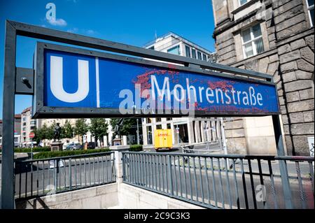 Berlin, Germany. 30th July, 2020. The entrance sign of the underground station Mohrenstraße. Federal Minister of Justice Lambrecht supports the idea of renaming Berlin's Mohrenstraße. Credit: Fabian Sommer/dpa/ZB/dpa/Alamy Live News Stock Photo