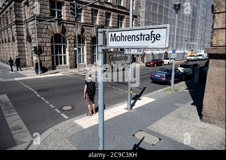 Berlin, Germany. 30th July, 2020. The street sign of Mohrenstraße at the crossing to Glinkastraße. Federal Minister of Justice Lambrecht supports the idea of renaming Berlin's Mohrenstrasse. Credit: Fabian Sommer/dpa/ZB/dpa/Alamy Live News Stock Photo