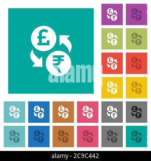 Pound Rupee money exchange multi colored flat icons on plain square backgrounds. Included white and darker icon variations for hover or active effects Stock Vector