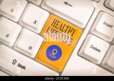 Conceptual hand writing showing Healthy Lifestyle. Concept meaning way of living that lowers the risk of being seriously ill Colored keyboard key with Stock Photo