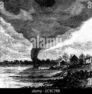 Black and white illustration of a tornado rotating and touching the ...