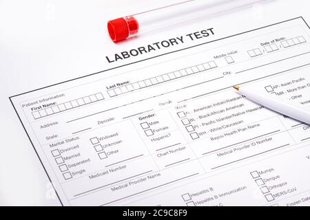 Form to fill in laboratory test red background Stock Photo - Alamy